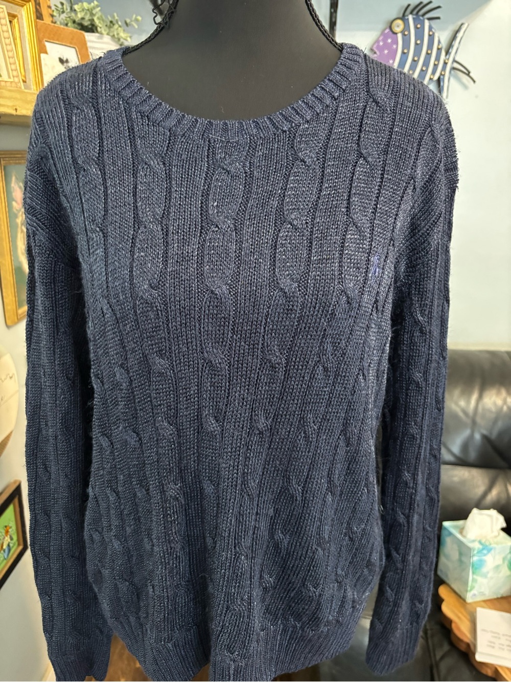 Polo Ralph Lauren womens cable knit navy metallic sweater L